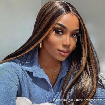 Vigorous Highlight Long Straight Synthetic Brown Wigs for Women Middle Part Natural heat resistant full Cosplay lace Wigs